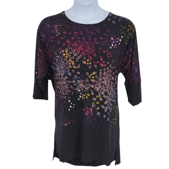 Woman Within Black Floral Stretchy Tunic With 3/4 Zip Sleeves Size 24 - Picture 1 of 12